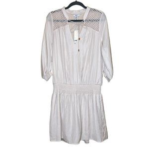 BAR III NWT Elastic Waist Dress Tan 3/4 Sleeve Tie Front Lace Detail Size L